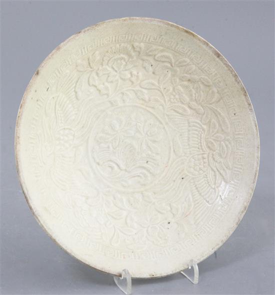 A Chinese qingbai phoenix and peony dish, Yuan dynasty, diameter 18.2cm, old Collection labels
